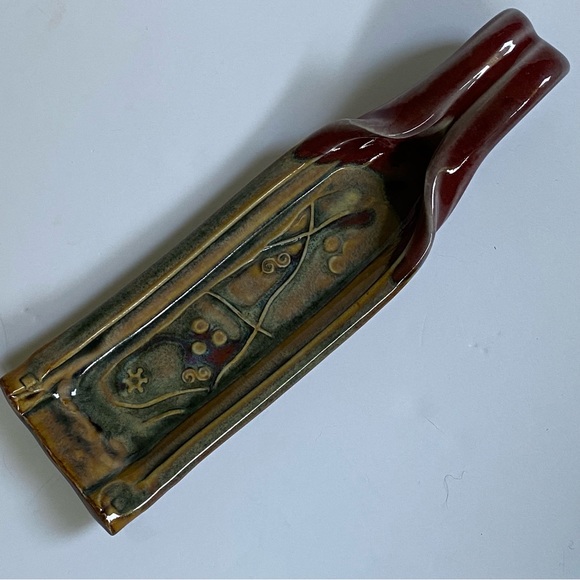 Pottery Spoon Rest Hand Made Glazed Beige red Signed 9” long Kitchen Cooking - Picture 16 of 16